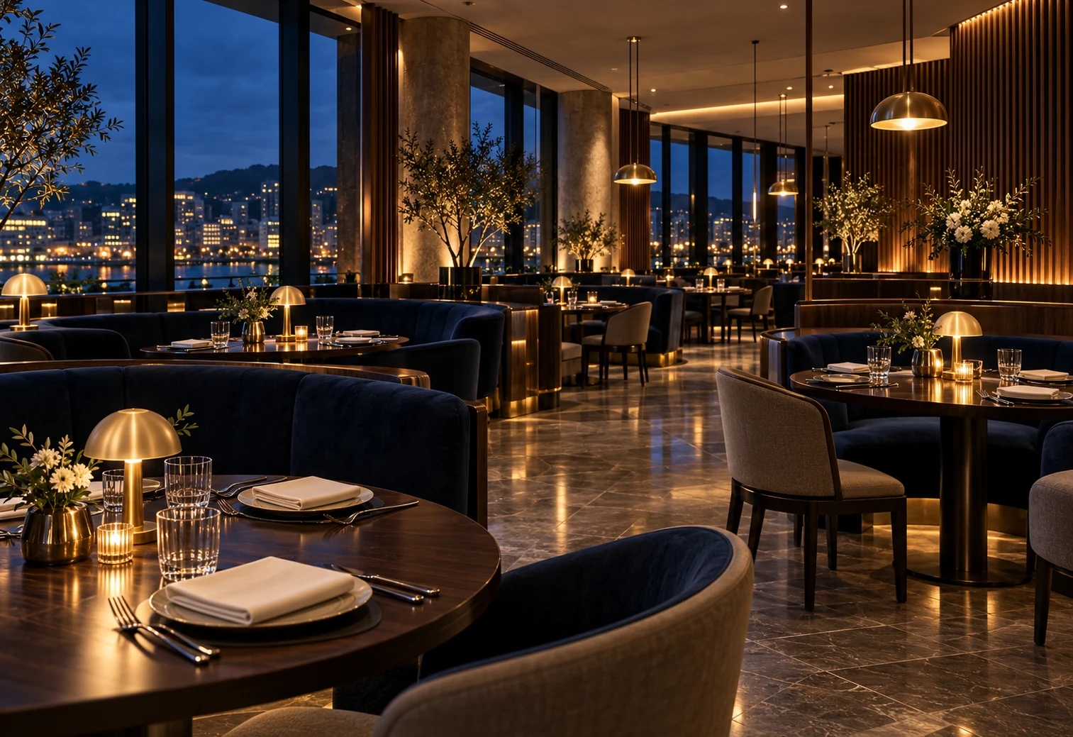 Warm restaurant interior with comfortable seating and set tables