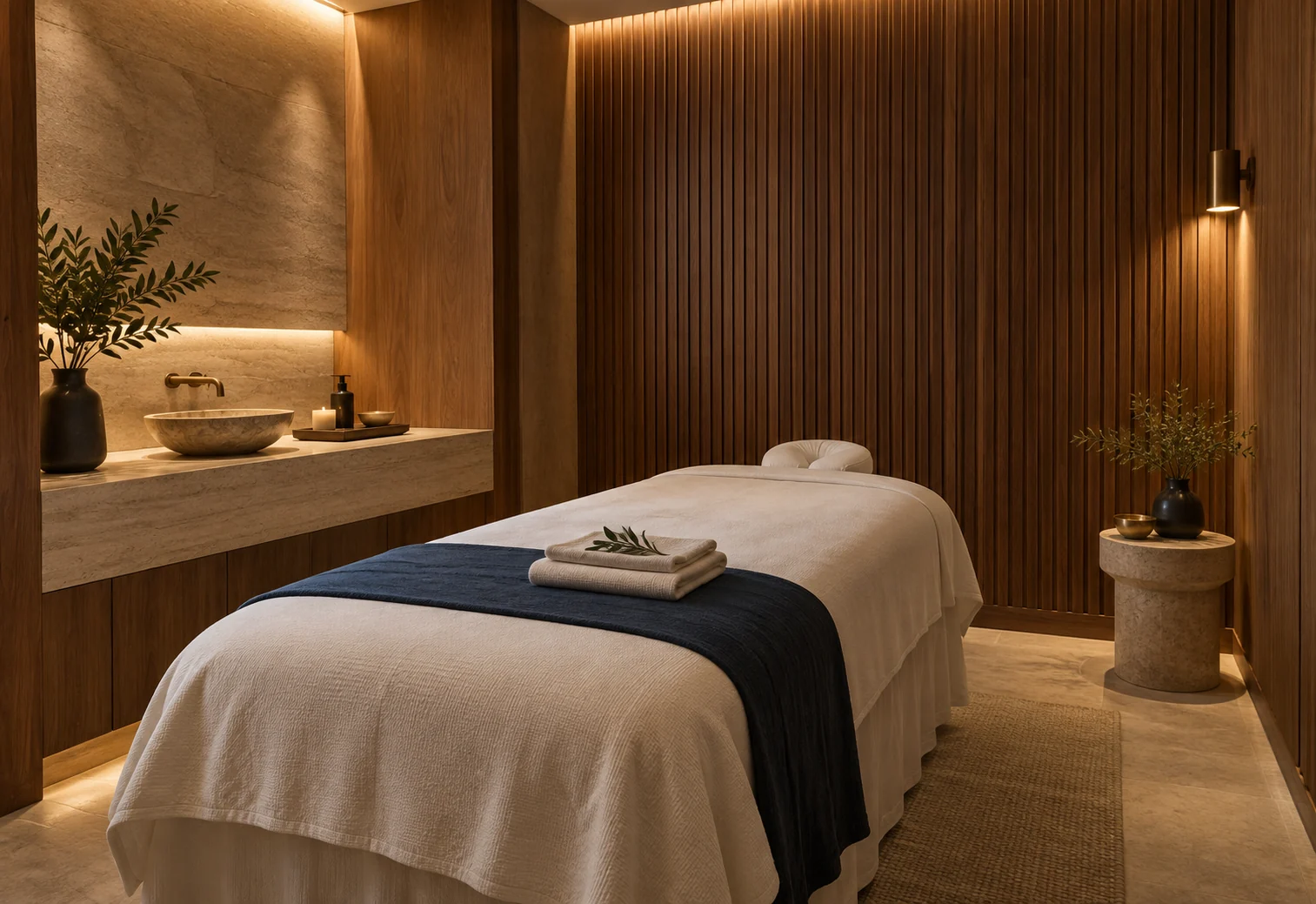 Calm spa treatment room with prepared linen